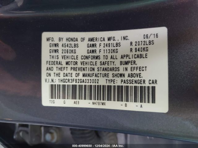 1HGCR3F92GA033002 Honda Accord Touring