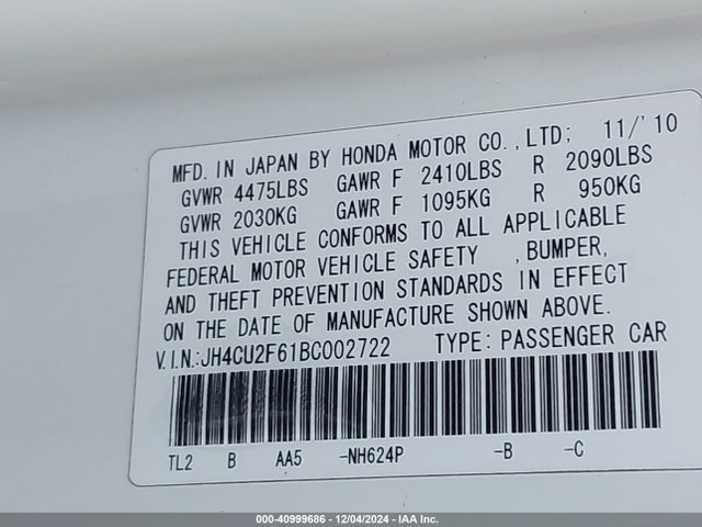 40999686 :رقم المزاد ، JH4CU2F61BC002722 vin ، 2011 Acura Tsx 2.4 مزاد بيع