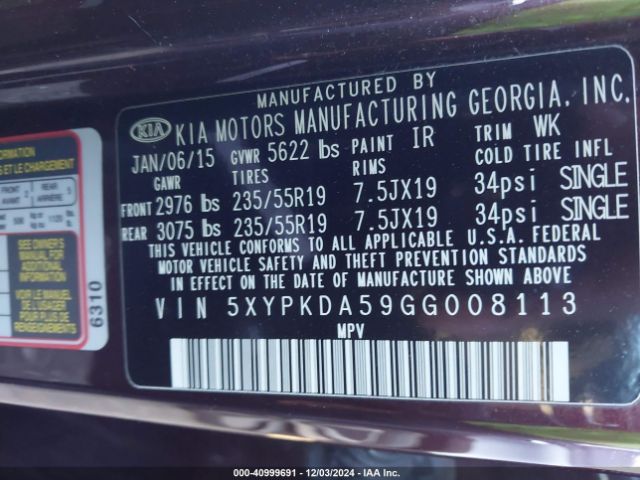 5XYPKDA59GG008113 KIA Sorento 3.3l Sx