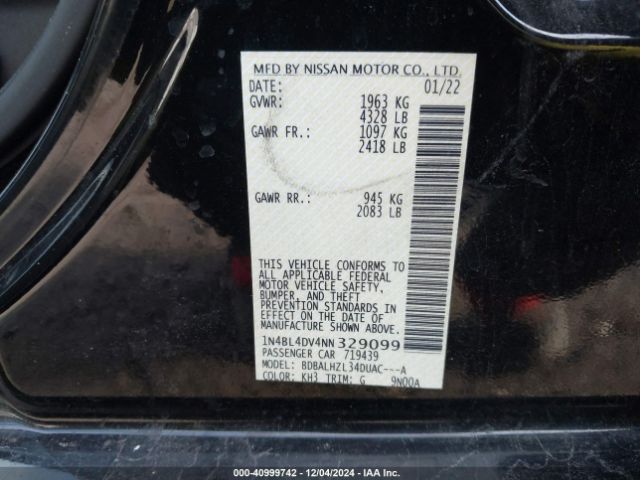 1N4BL4DV4NN329099 Nissan Altima Sv Fwd