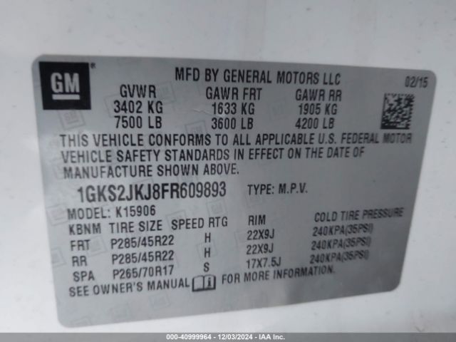 1GKS2JKJ8FR609893 GMC Yukon Xl 1500 Denali
