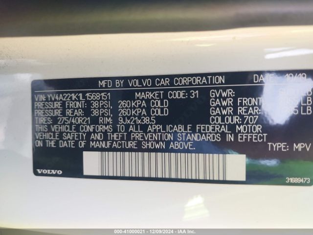 YV4A221K1L1568151 Volvo Xc90 T6 Momentum 6 Passenger