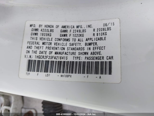 Honda ACCORD LX 2015 1HGCR2F35FA216415 Image 9