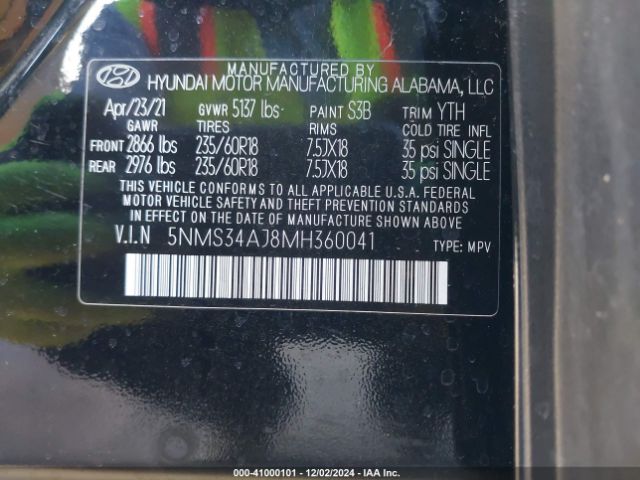 5NMS34AJ8MH360041 Hyundai Santa Fe Sel