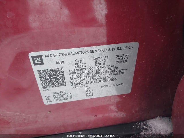 3GNCJMSB2JL366554 Chevrolet Trax Premier