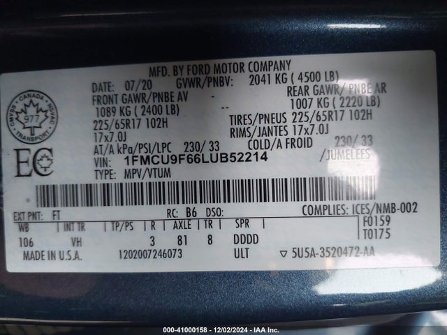 Ford ESCAPE S 2020 1FMCU9F66LUB52214 Image 9
