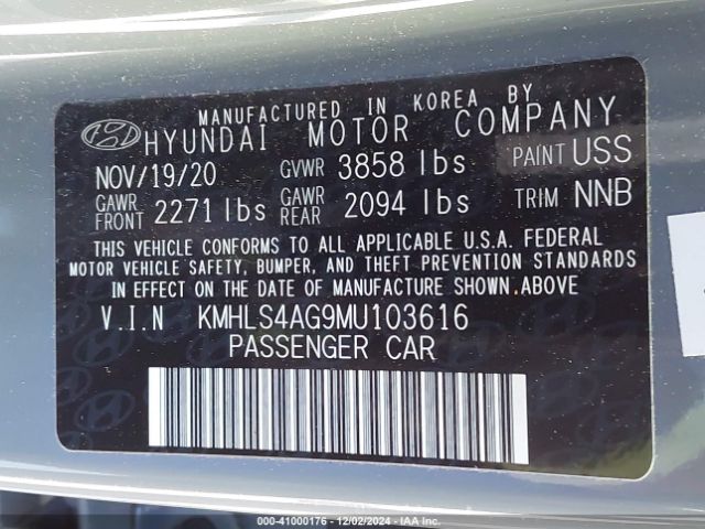 KMHLS4AG9MU103616 Hyundai ELANTRA SEL