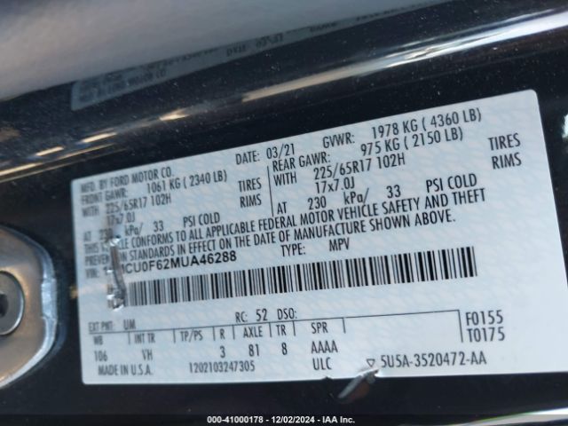 1FMCU0F62MUA46288 Ford ESCAPE S
