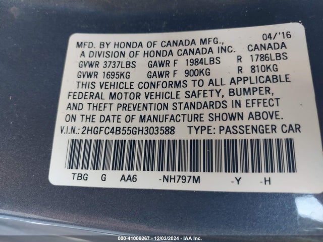 Honda Civic Lx 2016 2HGFC4B55GH303588 Image 9