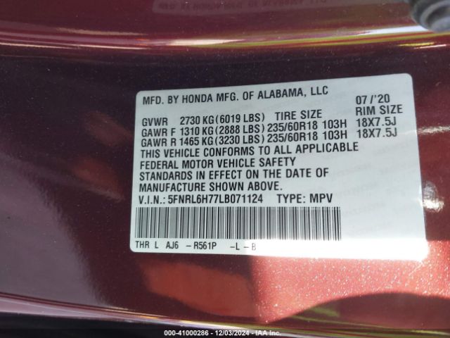 5FNRL6H77LB071124 Honda Odyssey Ex-l/ex-l W/navi   Res