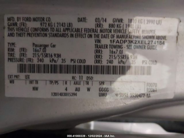 1FADP3K2XEL274184 Ford FOCUS SE