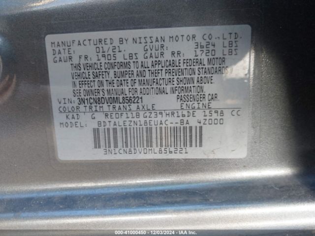 3N1CN8DV0ML856221 Nissan Versa S Xtronic Cvt