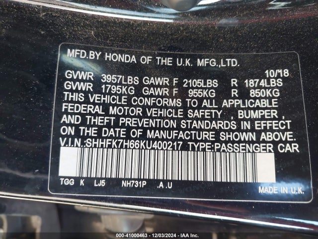 Honda CIVIC EX 2019 SHHFK7H66KU400217 Image 9