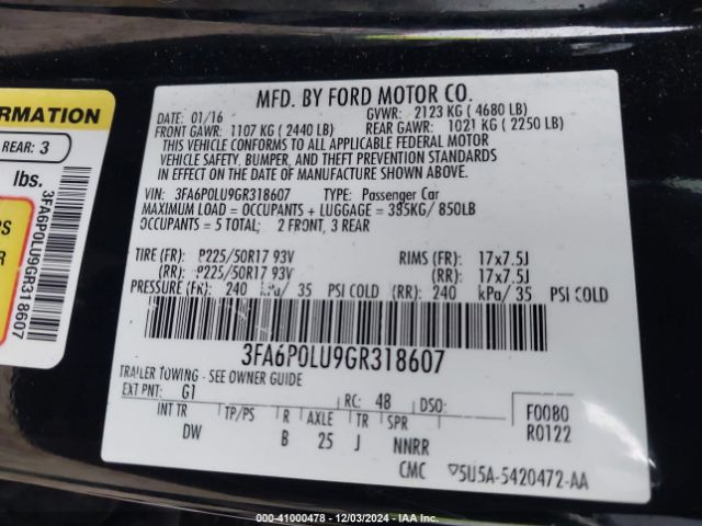 3FA6P0LU9GR318607 Ford Fusion Hybrid Se