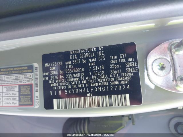 5XYRH4LF0NG127324 KIA SORENTO EX