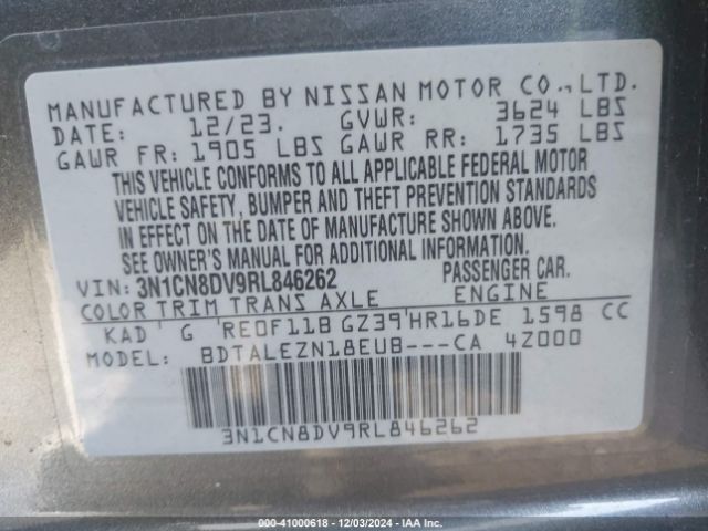 3N1CN8DV9RL846262 Nissan Versa 1.6 S