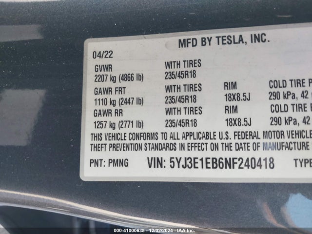 2022 TESLA MODEL 3 5YJ3E1EB6NF240418 Photo 8