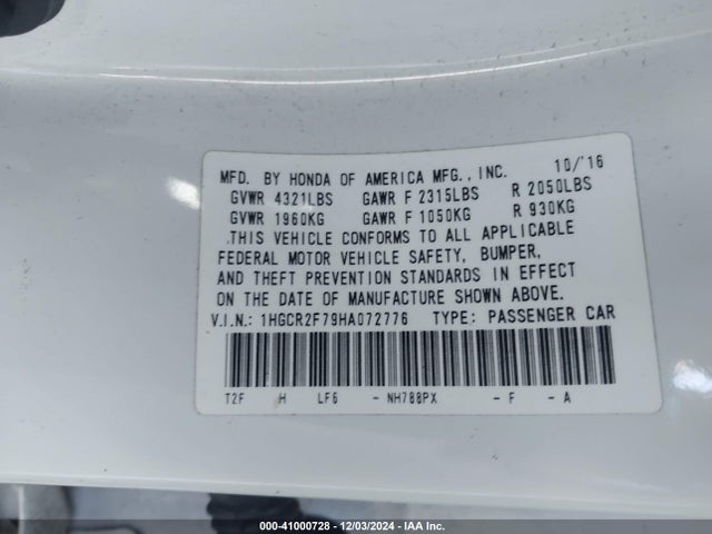 1HGCR2F79HA072776 Honda ACCORD EX