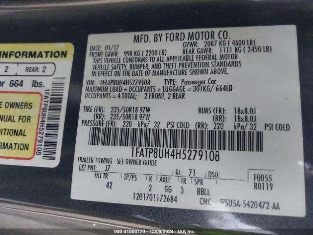 1FATP8UH4H5279108 Ford Mustang Ecoboost Premium