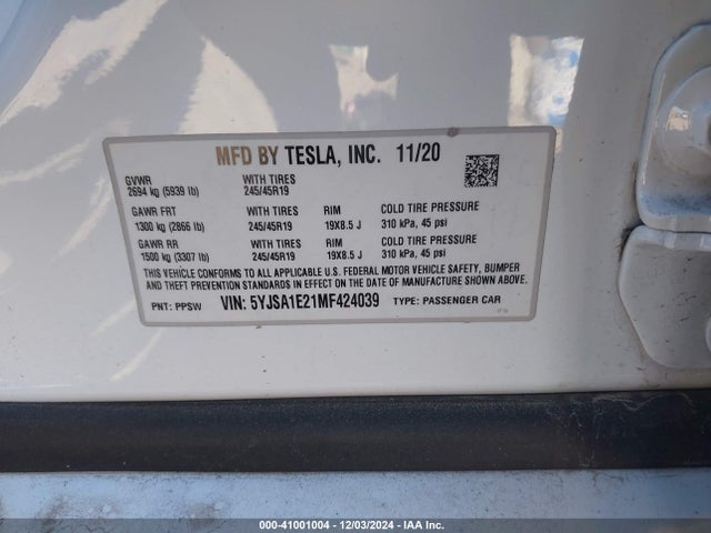 2021 TESLA MODEL S 5YJSA1E21MF424039 Photo 8