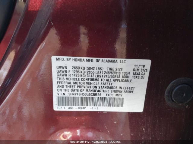 5FNYF6H50LB030836 Honda Pilot Awd Ex-l