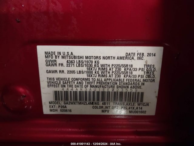 4A4AR3AU1EE023559 Mitsubishi Outlander Sport Es