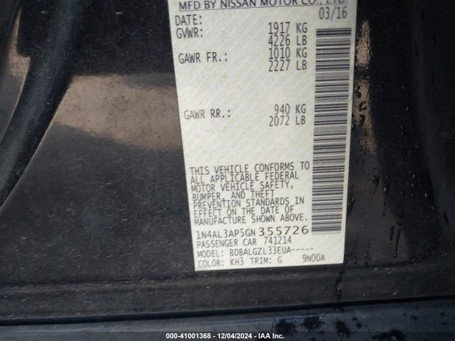 1N4AL3AP5GN355726 Nissan Altima 2.5/2.5 S/2.5 Sl/2.5 Sr/2.5 Sv