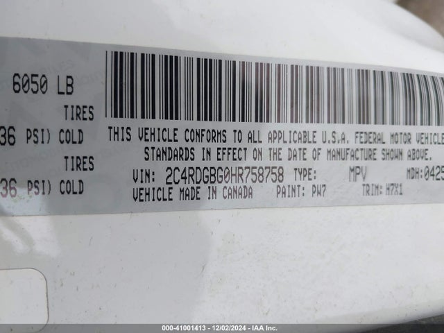 2C4RDGBG0HR758758 Dodge Grand Caravan Se