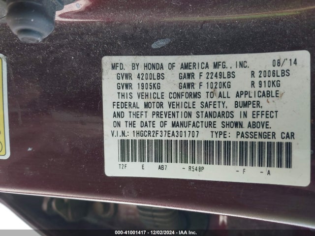 Honda ACCORD LX 2014 1HGCR2F37EA301707 Image 9