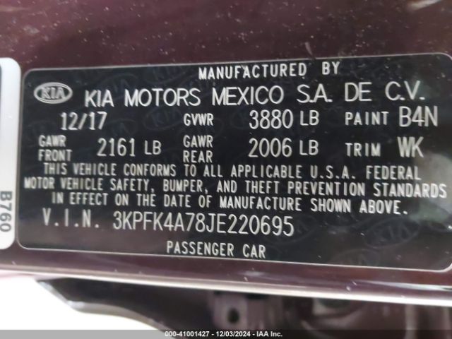 3KPFK4A78JE220695 KIA FORTE LX