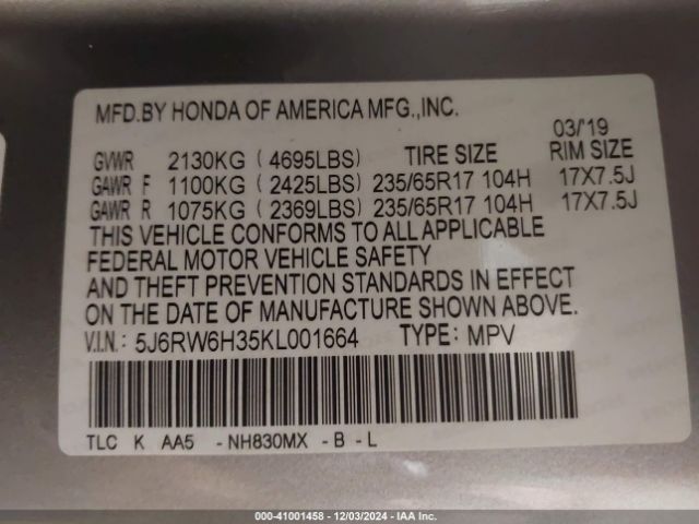 5J6RW6H35KL001664 Honda CR-V LX