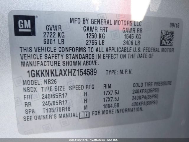 1GKKNKLAXHZ154589 GMC Acadia Sle-1