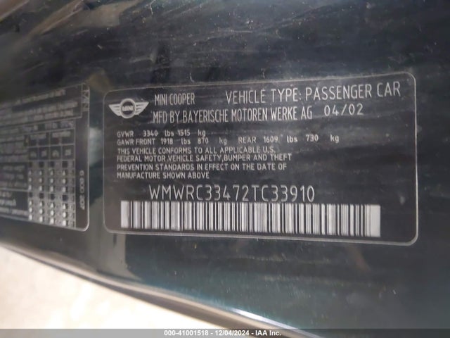2002 MINI COOPER WMWRC33472TC33910 Photo 8
