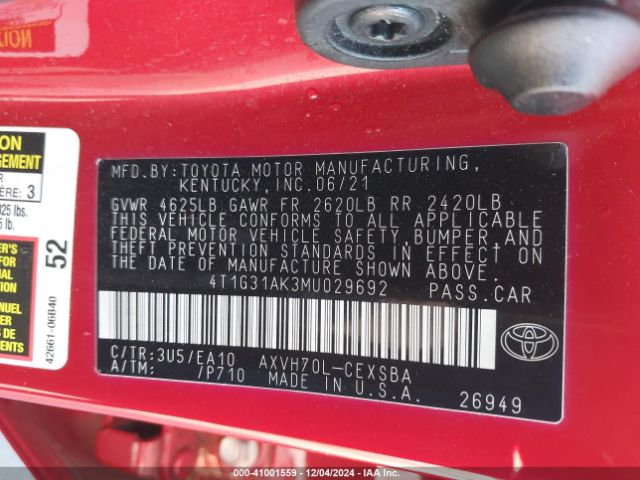 4T1G31AK3MU029692 Toyota Camry Se Hybrid