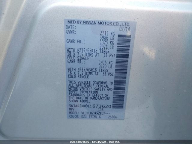 5N1AR2MM0EC673620 Nissan Pathfinder Platinum/s/sl/sv