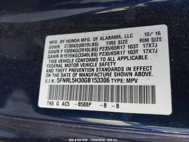 Honda ODYSSEY SE 2016 5FNRL5H30GB153306 Image 9