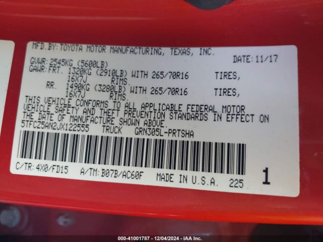 5TFCZ5AN2JX122555 Toyota Tacoma Trd Off Road