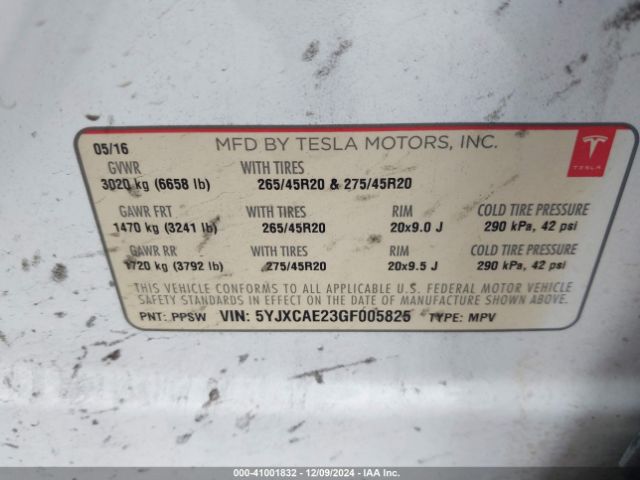 5YJXCAE23GF005825 Tesla Model X 60d/70d/75d/90d