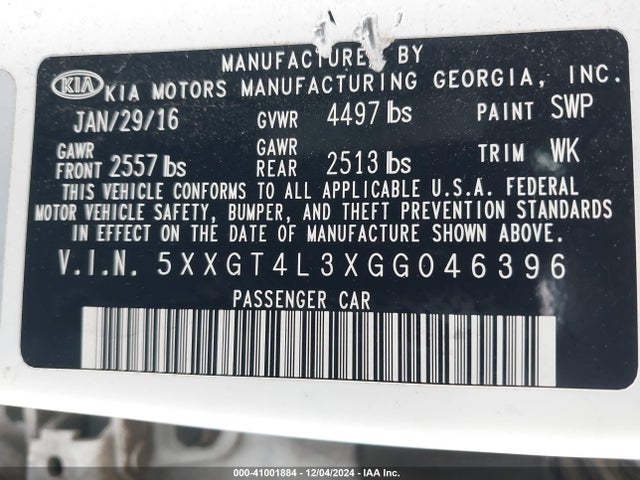 5XXGT4L3XGG046396 KIA Optima Lx