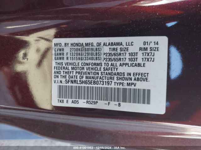 5FNRL5H65EB073197 Honda Odyssey Ex-l