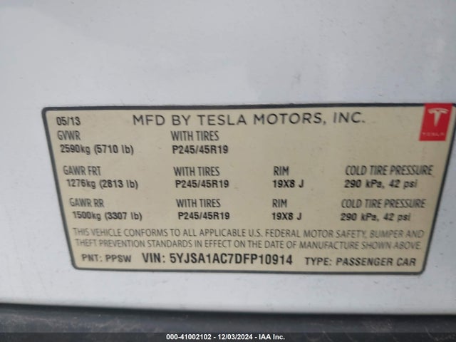 2013 TESLA MODEL S 5YJSA1AC7DFP10914 Photo 8