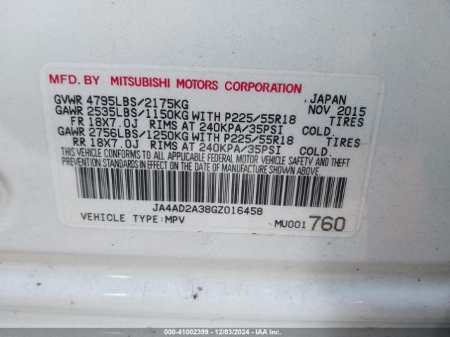 JA4AD2A38GZ016458 Mitsubishi Outlander Es