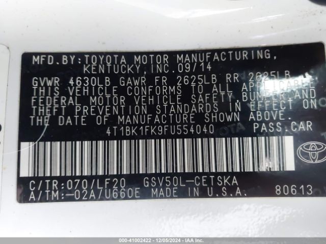 4T1BK1FK9FU554040 Toyota Camry Xse V6