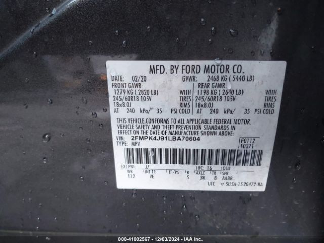 2FMPK4J91LBA70604 Ford EDGE SEL