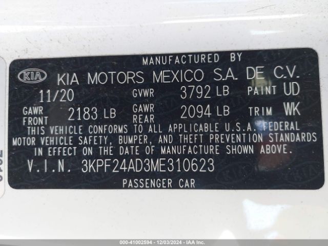 3KPF24AD3ME310623 KIA Forte Lxs
