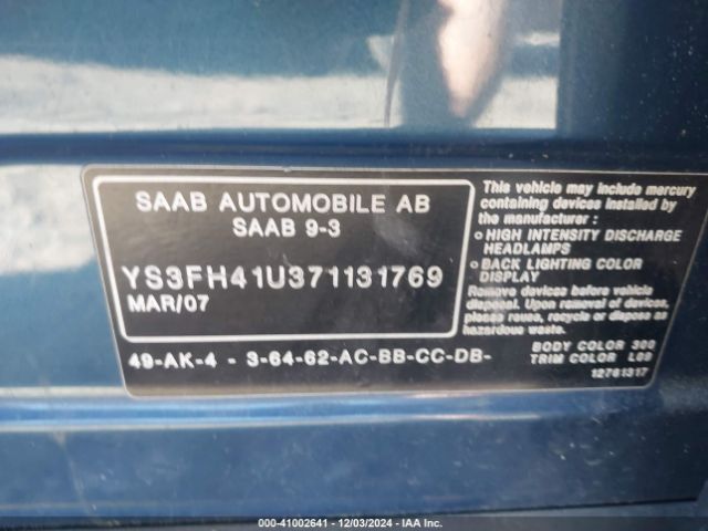 2007 SAAB 9-3 YS3FH41U371131769 Photo 8