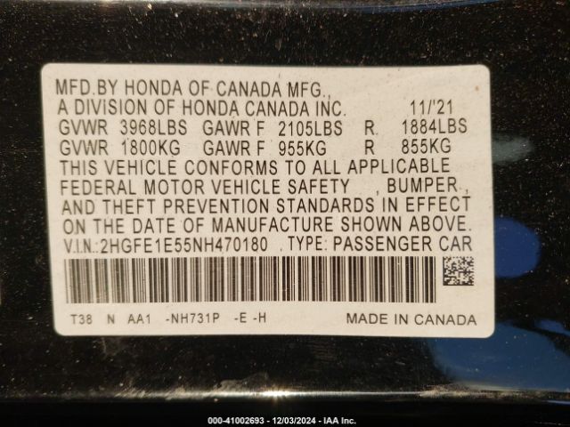 2HGFE1E55NH470180 Honda CIVIC SI SEDAN