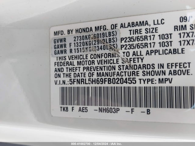 Honda Odyssey Ex-l 2015 5FNRL5H69FB020455 Image 9