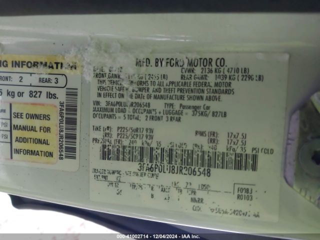 3FA6P0LU8JR206548 Ford Fusion Hybrid Se
