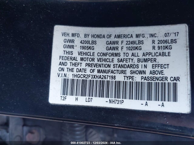 Honda ACCORD LX 2017 1HGCR2F3XHA267198 Image 9